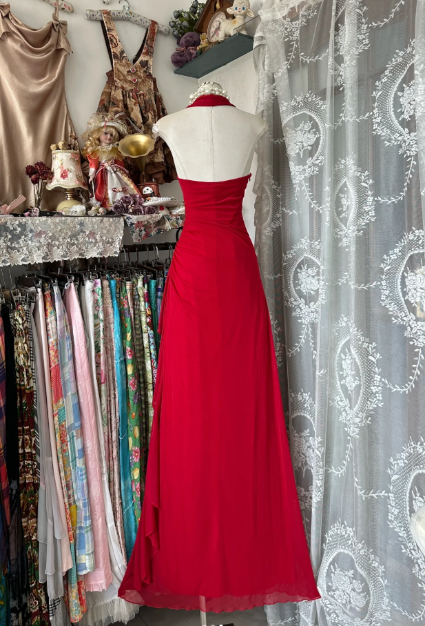 Charming Halter Red Chiffon Beaded Evening Dress Long Mermaid Party Gown D1522