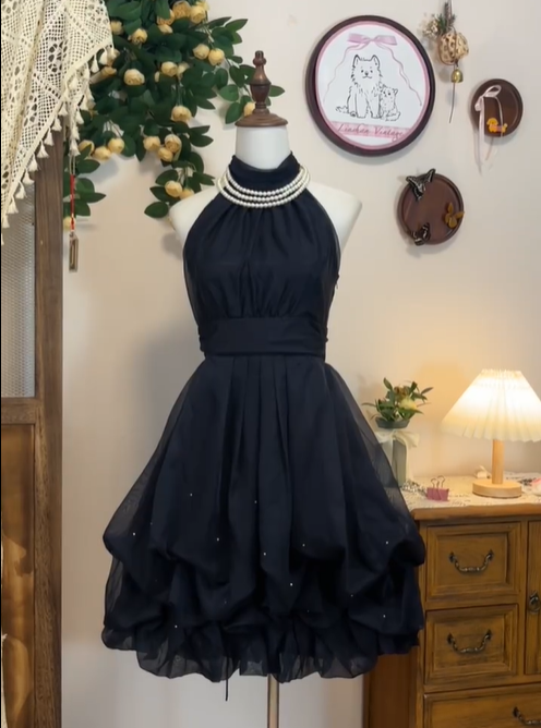 Pretty Halter Sleeveless Tulle Sequin Mini Prom Dress Black Homecoming Dress S454