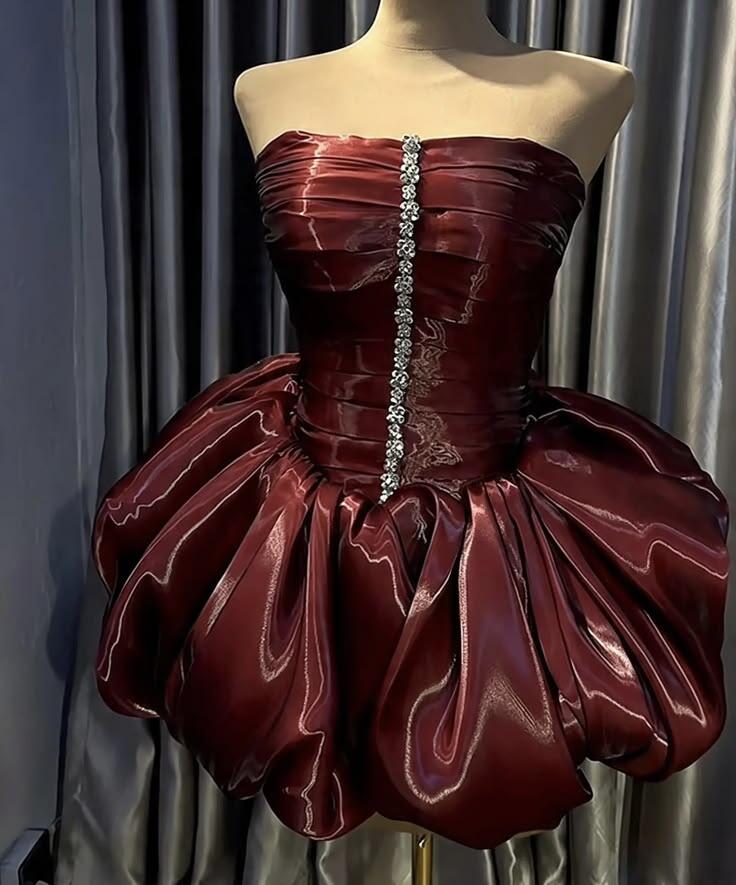 Gorgeous Burgundy Satin Pleated Beaded Short 19th Birthday Outfits,Strapless Short Homecoming Dress D4767