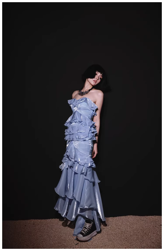 Glamorous Strapless Blue Satin Ruffles Layered mermaid Slit Evening Dress Long Party Dress D2431