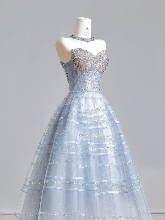 Fairy Blue Ball Gown Strapless Tulle Sequin Beaded Long Party Dress Birthday Evening Gowns D2505