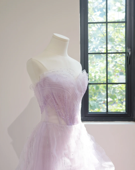 Classy Strapless Lilac Beaded Tulle Ruffles Long Birthday Prom Dress Formal Party Dress D2162