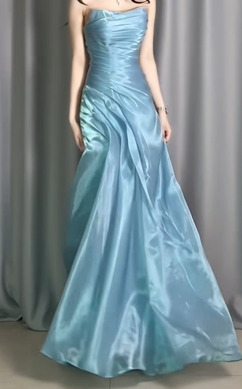 Glamorous Strapless Blue Organza Pleated Mermaid Long Prom Dress Birthday Evening Dresses D2485