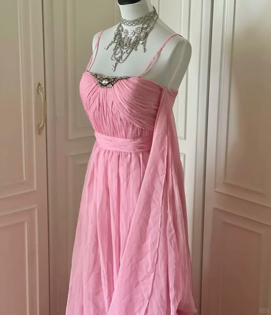 Pretty Spaghetti Straps Pink Chiffon Pleated Beaded Mermaid Long Evening Dress Prom Dress D3099