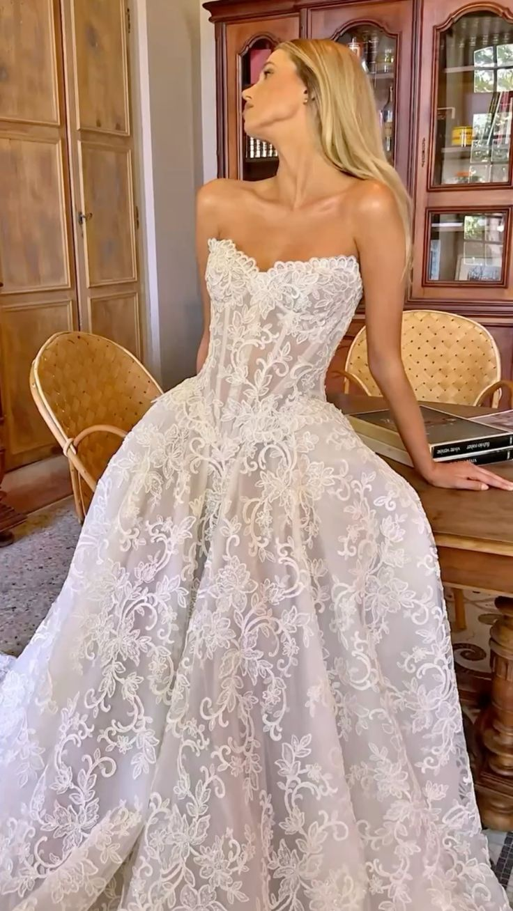 Pretty White Strapless Lace Ball Gown Long Wedding Guest Dress D1835