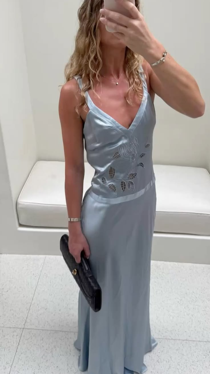 Simple V Neck Blue Satin Long Prom Dress Birthday Party Gown D5038