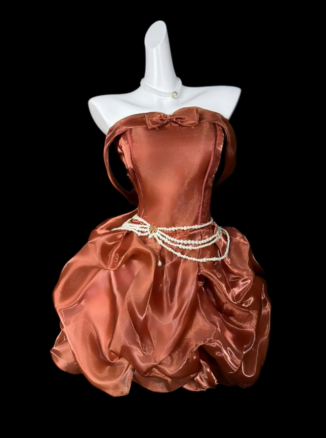 Vintage Caramel Brown Strapless Satin Tulle Pleated A Line Short Homecoming Dress Cocktail Dress D4205