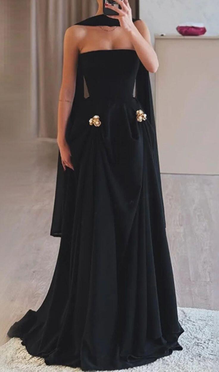 Fashion Black Satin Chiffon Long Wedding Guest Dress Strapless Long Evening Dress With Scarf D4635