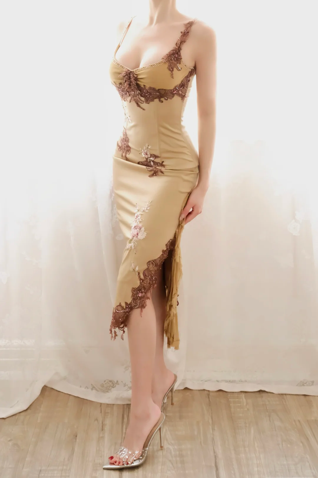 Vintage Spaghetti Straps Satin Beaded Appliques Sheath Long Prom Dress Party Dress D2709