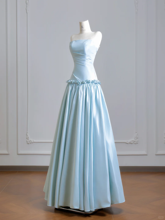 Chic Light Blue Strapless Satin A Line Heart-shaped Backless Long Evening Dress Birthday Prom Dress D2501