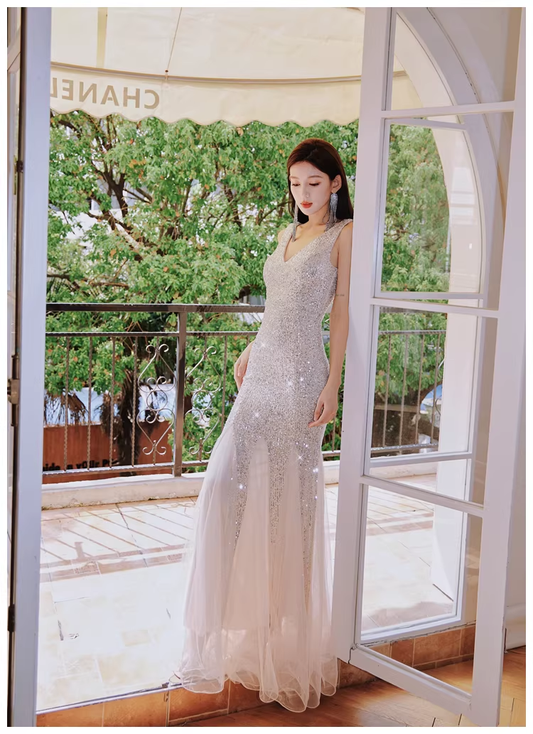 Glitter V Neck Champagne Silver Sequin Tulle Mermaid Long Evening Dress Party Gown D2399
