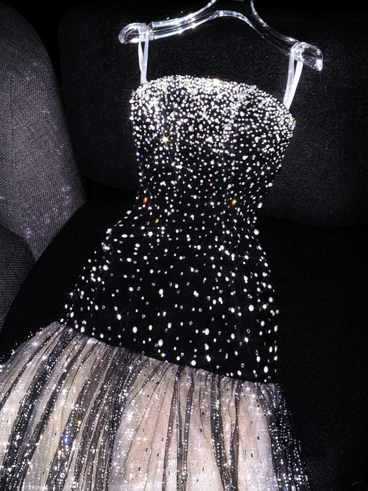 Shiny Mermaid Strapless Black Tulle Sequined Long Birthday Prom Dresses Party Gown D4548