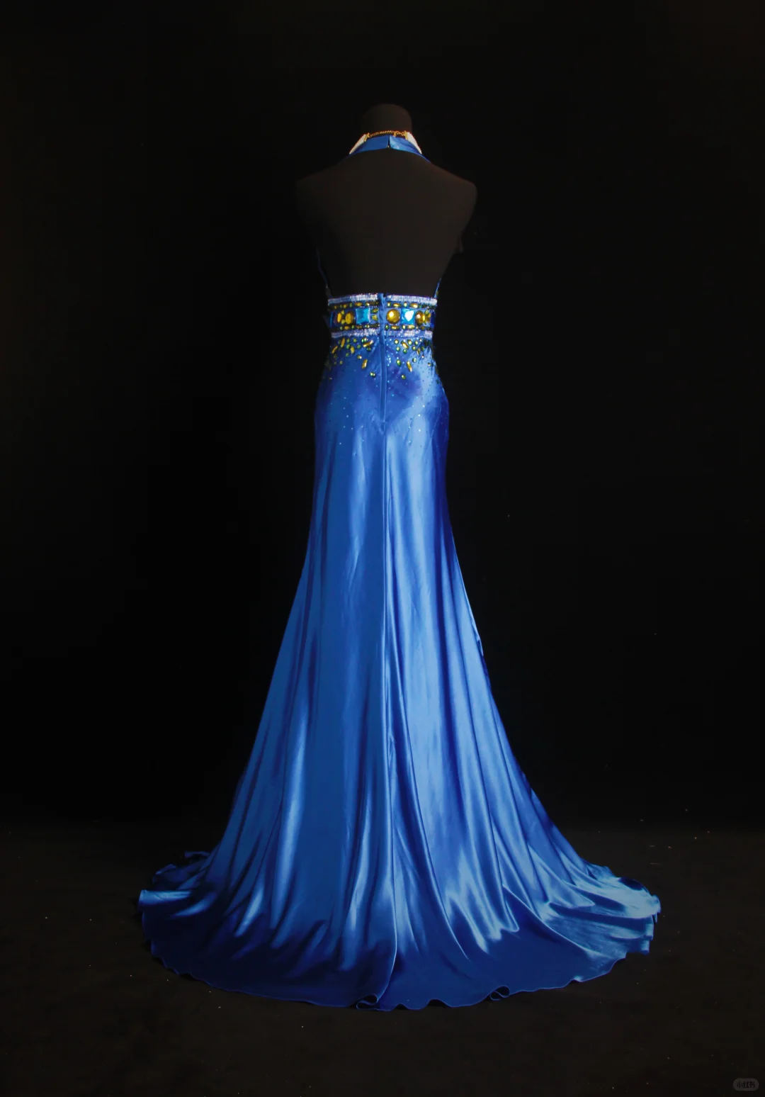 Gorgeous Halter V Neck Satin Beaded Long Prom Dress,Blue Mermaid Party Gown D2850
