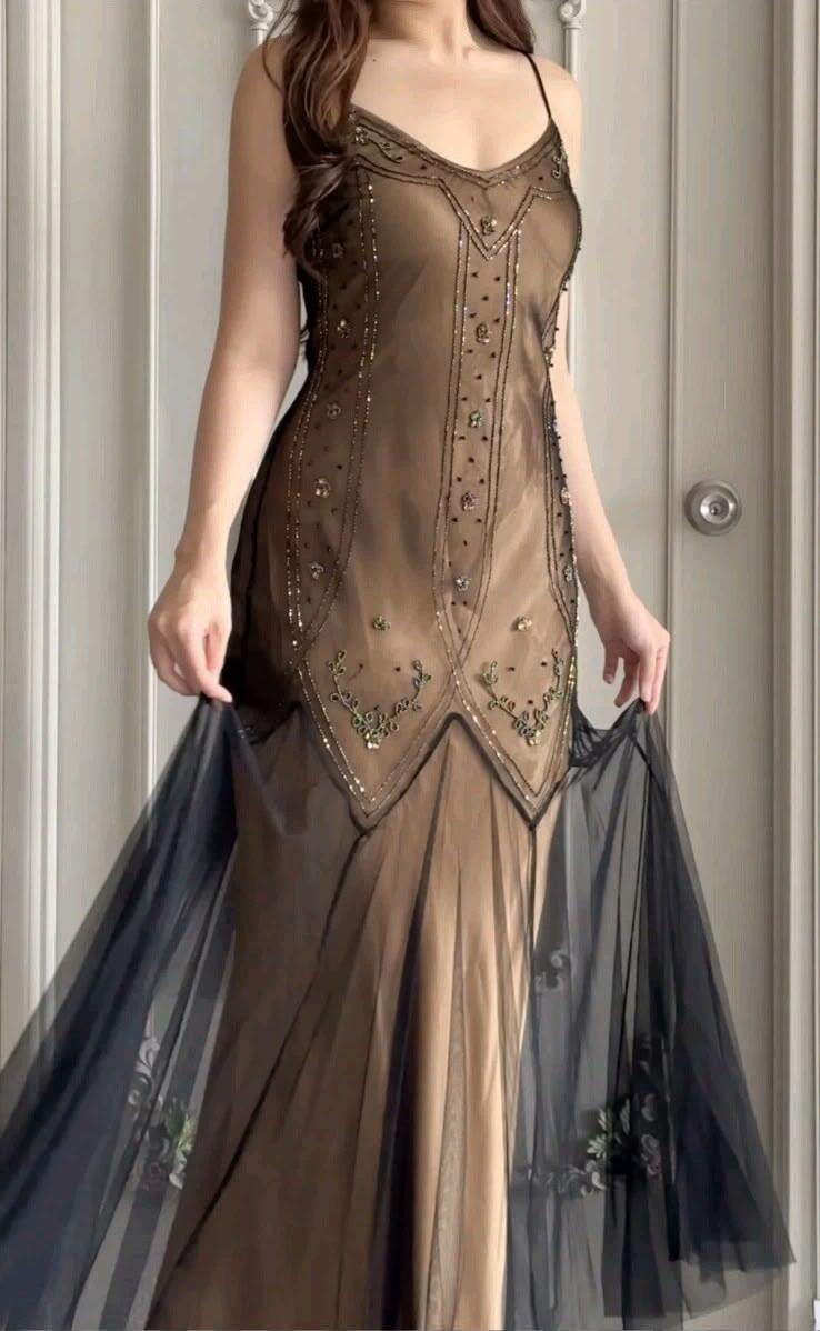 Gorgeous Spaghetti Straps Brown Satin Tulle Beaded Mermaid Long Party Dress Prom Dresses D4318