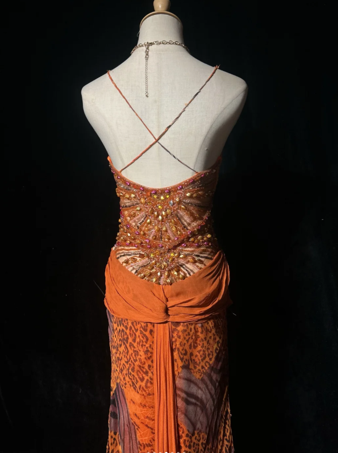 Elegant Spaghetti Straps Chiffon Lace Beaded Mermaid Evening Dress Orange Long Party Gowns D1934