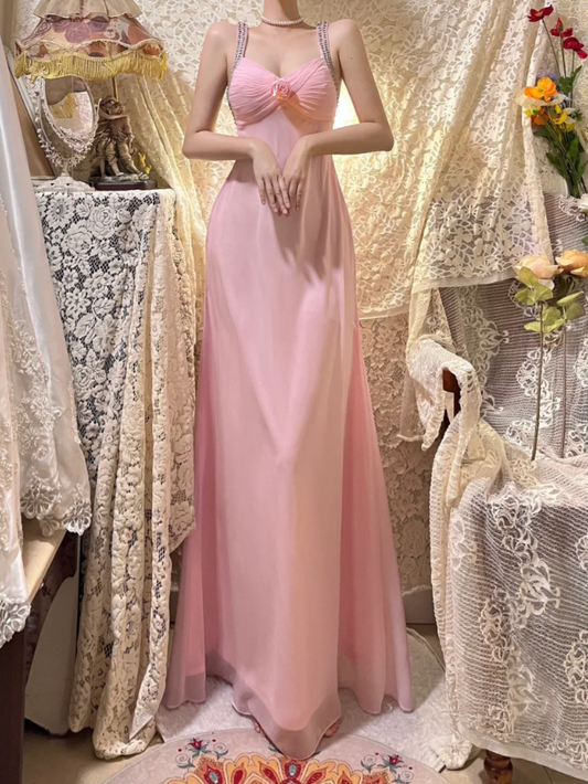 Classy Pink V Neck Chiffon Beaded Mermaid Long Wedding Guest Dress Formal Evening Dress D21119