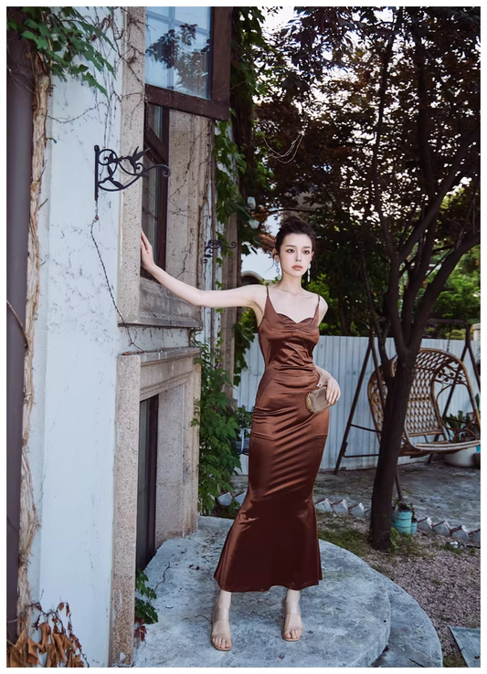 Stylish Spaghetti Straps Brown Satin Mermaid Long Evening Dress Formal Wedding Guest Dress D2449