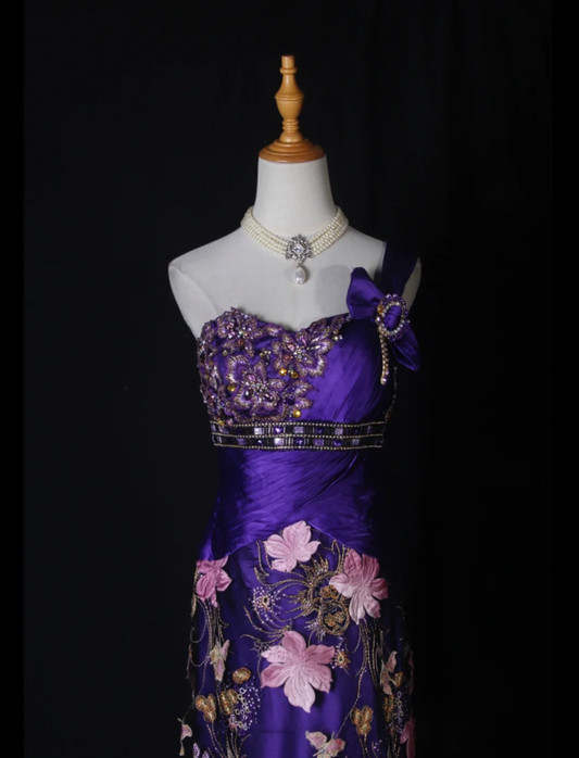 Charming Purple One Shoulder Satin Pleated Beaded Mermaid Prom Dress Evening Gown With Embroidery Appliques D2277