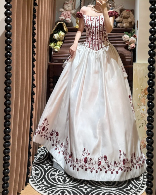 Unique Off The Shoulder Ball Gown White Satin Embroidery Flowers Long Birthday Party Dress Prom Gown D2037