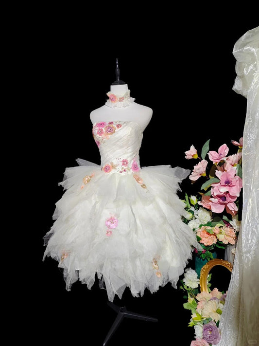 Pretty Strapless White Satin Tulle Embroidery Floral A Line Short Birthday Outfits Homecoming Dress D3154