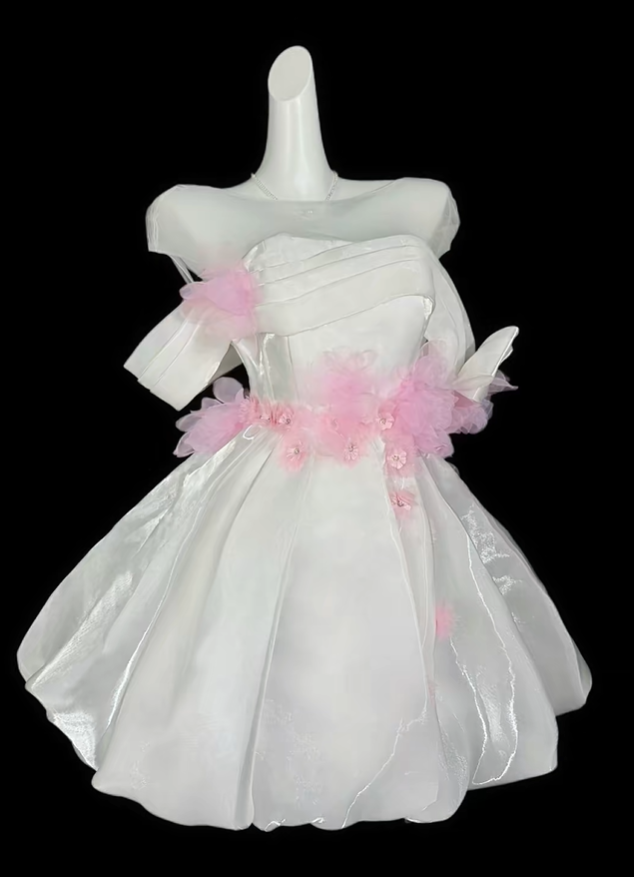 Charming Off The Shoulder Satin Appliques A Line Short Birthday Dress,White Short Homecoming Dress D4182