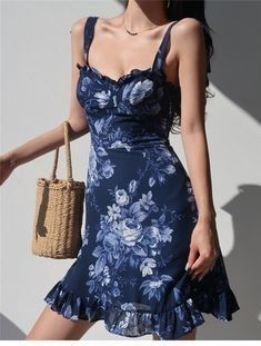 Sexy Navy Blue Chiffon Print Floral Ruffle Short 9th Homecoming Dress ,Mini Birthday Dress D3222