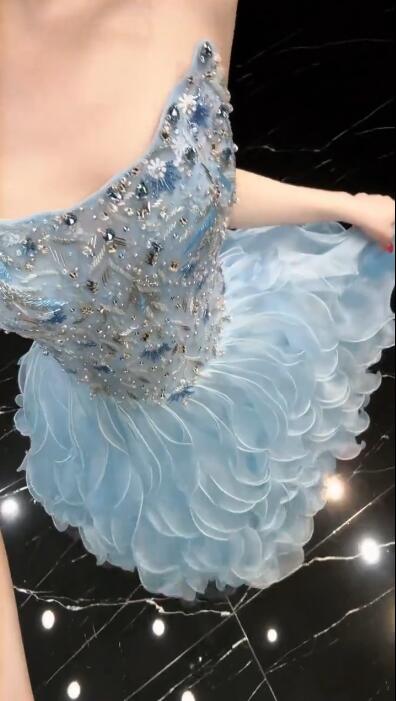 Glamorous Blue Strapless Tulle Ruffles Beaded Long Birthday Prom Dress Evening Dress D4752