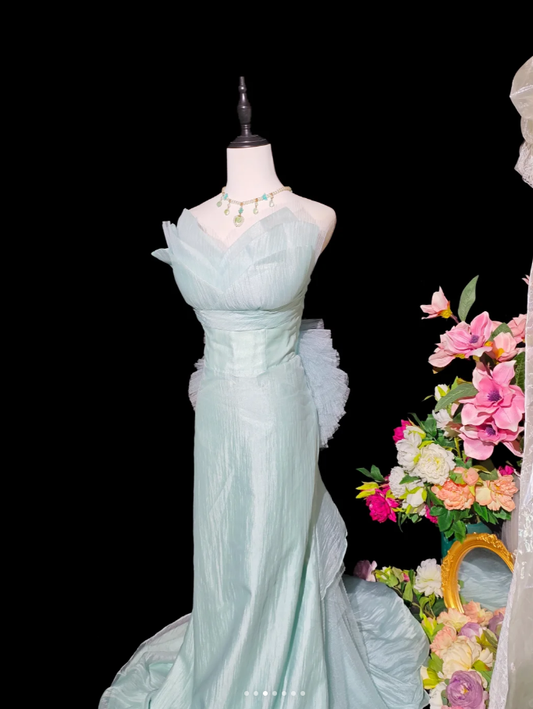Charming Strapless Blue Tulle Mermaid Long Party Dress Birthday Prom Gown D2359