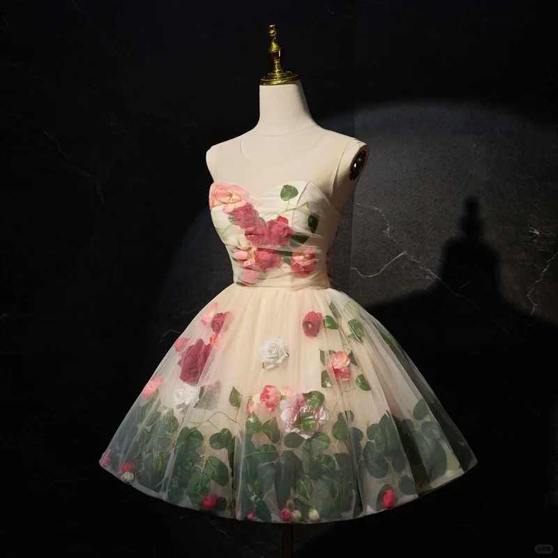 Pretty Champagne Tulle Floral Short Prom Dress Formal 19th Birthday Outfits D592