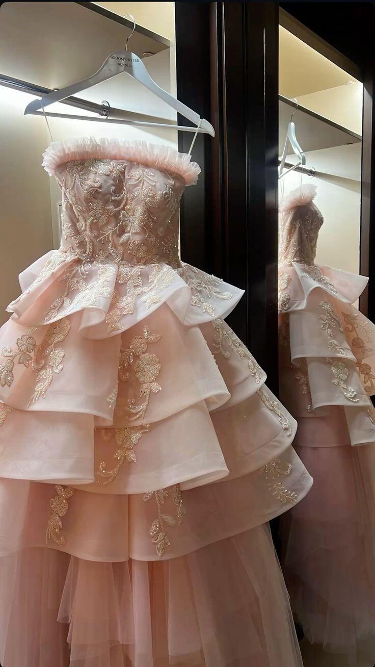 Charming Strapless Pink Tulle Beaded Floral Long Party Dress,Formal Birthday Evening Dress D3812
