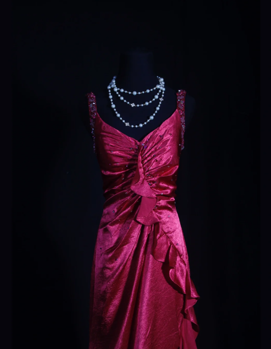 Stylish Hot Pink Satin V Neck Mermaid Evening Dress Backless Long Party Gown With Beads D2254