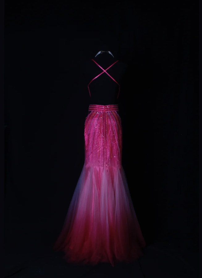 Gorgeous Spaghetti Straps Hot Pink V Neck Satin Tulle Beaded Mermaid Prom Dress Backless Long Evening Gown D2265