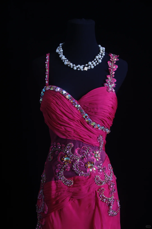 Classy Spaghetti Straps Satin Chiffon Beaded Long Party Dress Hot Pink Mermaid Prom Gown D2857