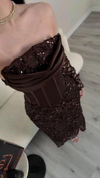 Charming Off The Shoulder Tulle Sequin Sheath Prom Dress Brown Long Birthday Evening Dress D5186