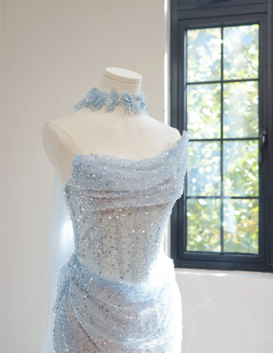 Pretty Strapless Light Blue Sequin Beaded Mermaid Long Birthday Party Dress Evening Gown D2159