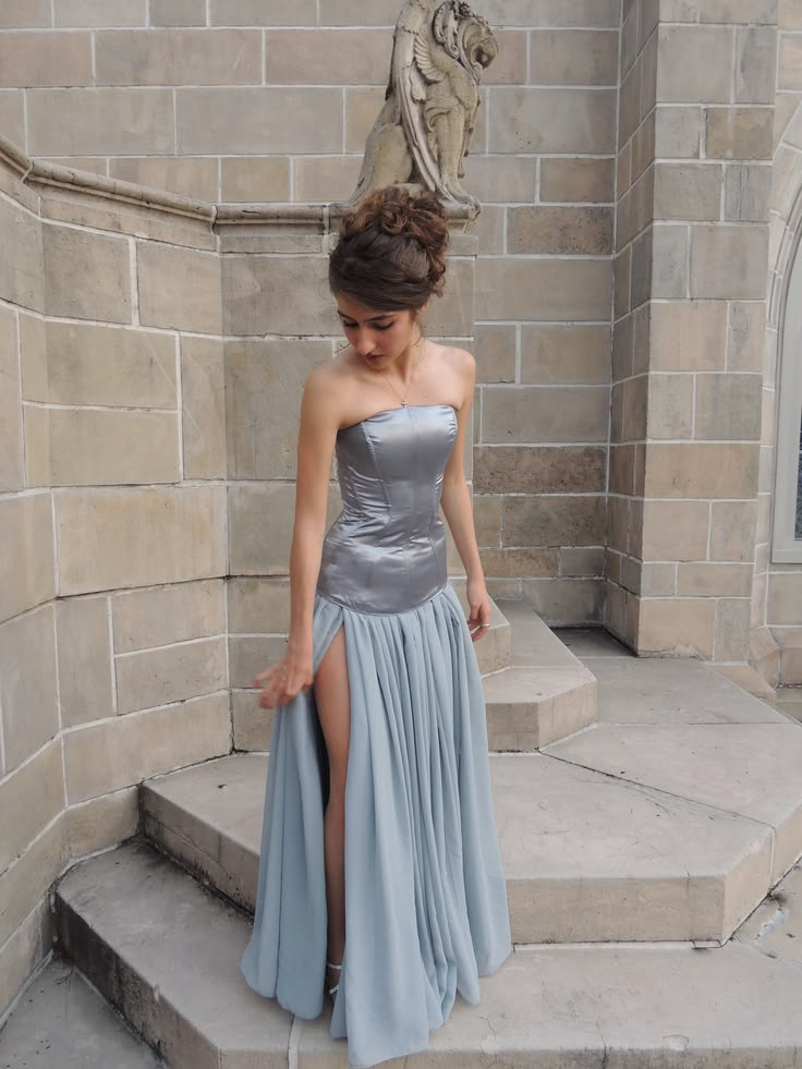 Pretty Satin Chiffon A Line Slit Long Wedding Guest Dress,Blue Party Dress D4969