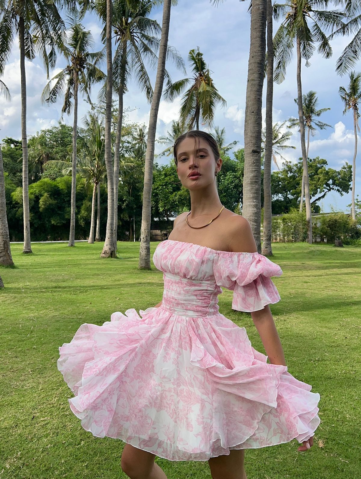 Glamorous Pink Chiffon Printed Floral Short Graduation Homecoming Dress,Off The Shoulder Short Party Dress D3312