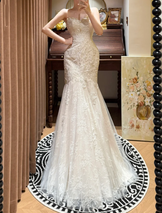 Pretty Strapless White Lace Sequin Beaded Mermaid Long Evening Dress Formal Birthday Birthday Prom Dress Party Gown D2048