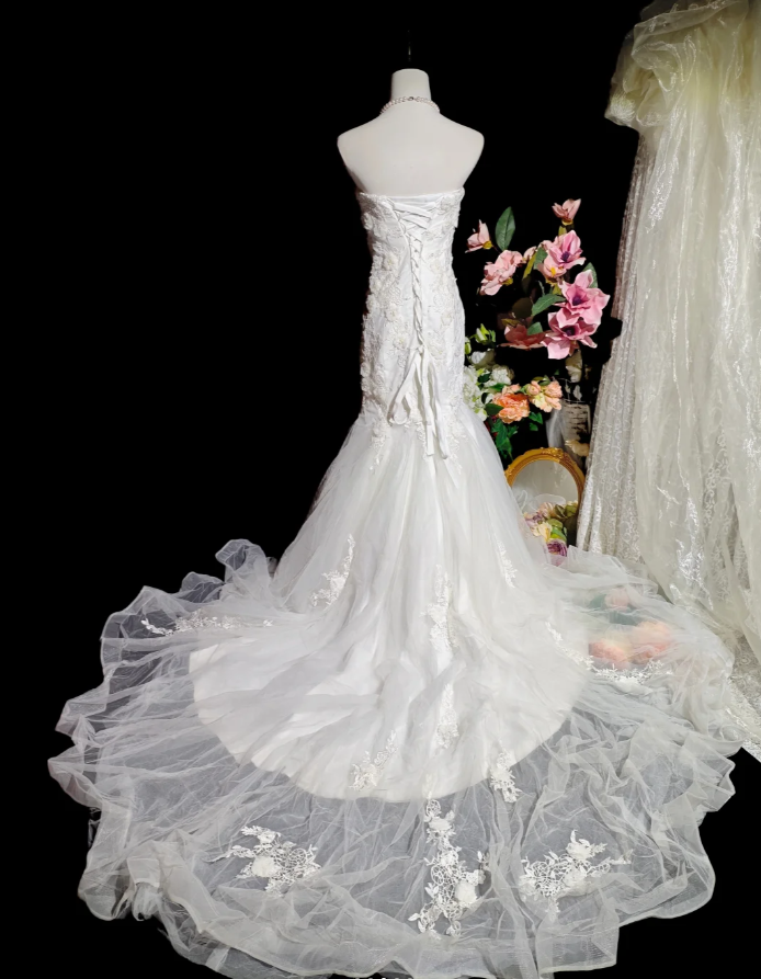 Fairy Strapless White Tulle Appliques Mermaid Long Party Dress Birthday Evening Dress D2374
