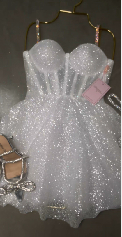 Shiny Spaghetti Straps White Tulle Sequin A Line Short Birthday Dress Homecoming Dress D3671