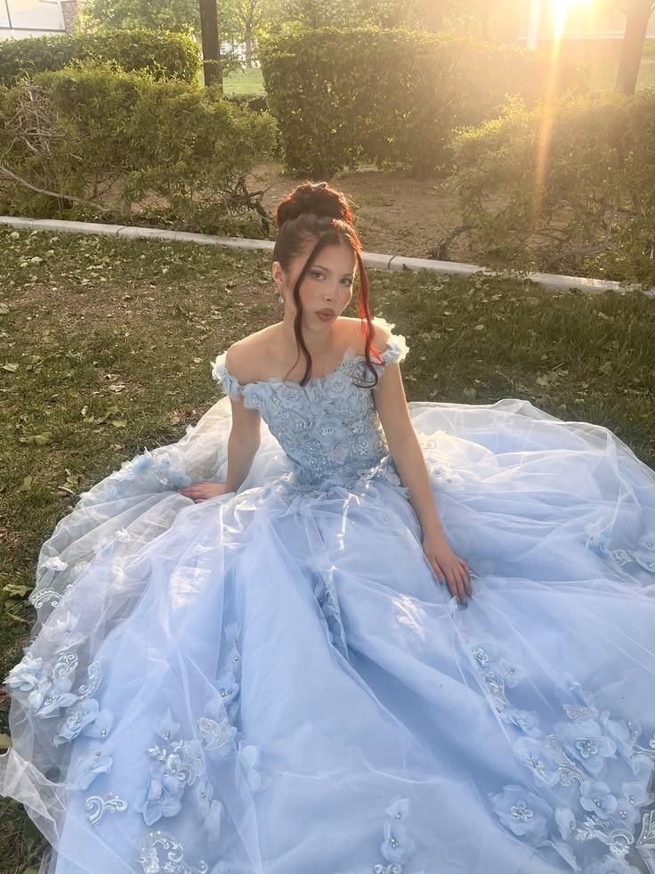 Pretty Off The Shoulder Sweet 15 Dress,Blue Tulle Appliques Beaded Quinceanera Dress D3817