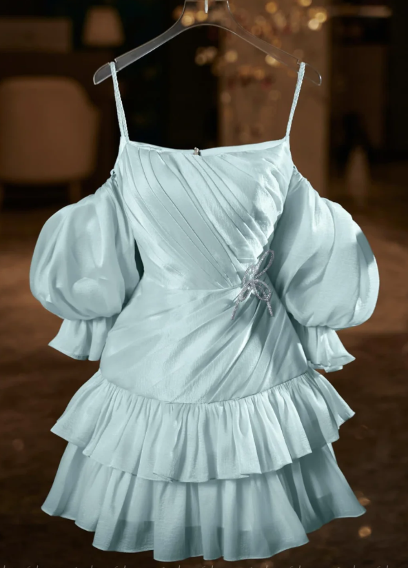 Pretty Off The Shoulder Satin Chiffon Homecoming Dress Green Puff Sleeves Cocktail Dress S362