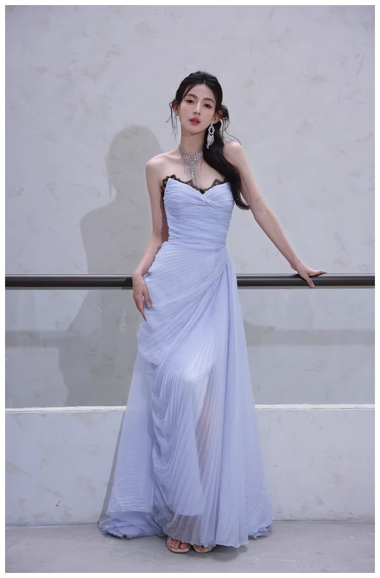 Classy Haze Blue Strapless Tulle Pleated Mermaid Long Party Dress Evening Gown D2460