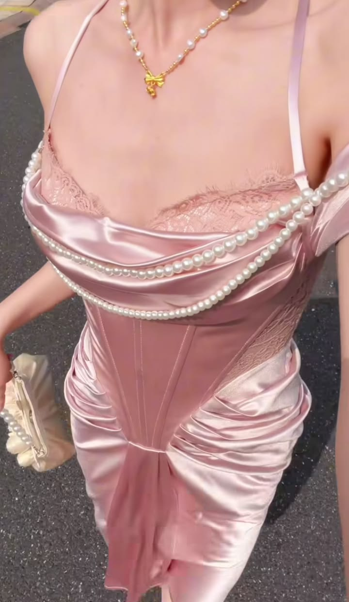 Classy Pink Halter Satin Lace Mermaid Party Dress Long Wedding Guest Dress D2904