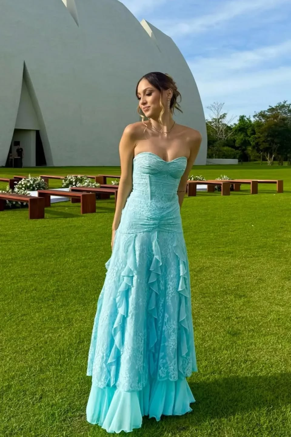 Pretty Blue Lace Chiffon Ruffled Long Evening Dress Sweetheart Neck Long Wedding Guest Dress D4397
