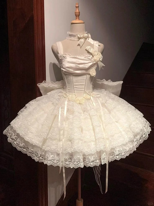 Classy Beige Floral Design Lace Layered Princess Birthday Dress With Big Bow S397