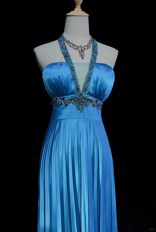 Sexy Halter Blue Satin Beaded A Line Short Homecoming Dress Birthday Dress D3364