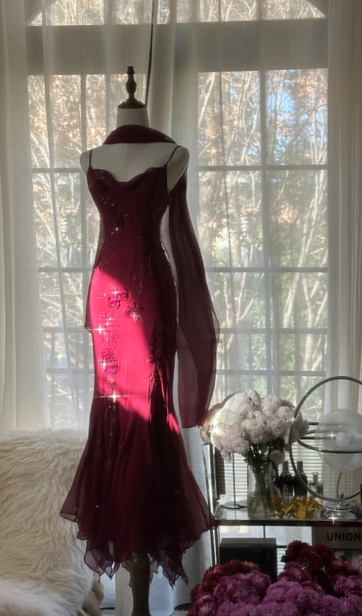 Charming Spaghetti Straps Burgundy Chiffon Beaded Mermaid Long Party Dress Birthday Prom Gown D2092