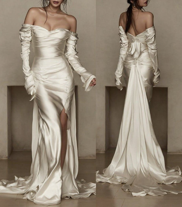 Elegant Off The Shoulder Ivory Satin Pleated Slit Mermaid Long Wedding Dress D1440