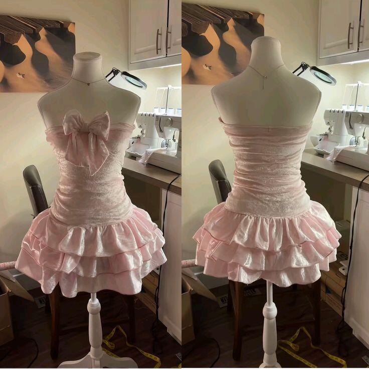 Cute Bow Strapless Satin Layered Short 7th Grade Homecoming Dress,Pink Short Party Dress D4235
